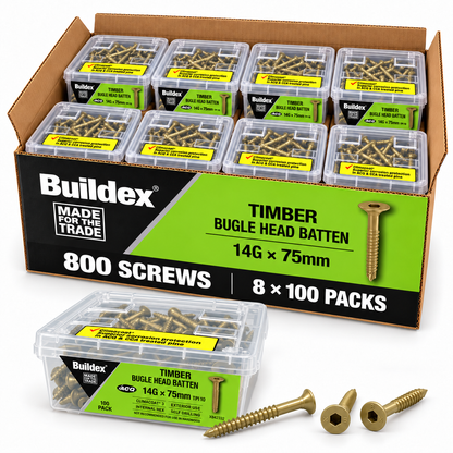 Buildex Timber Bugle Head Batten Screws 14G x 75mm – 800 Pack - South East Clearance Centre