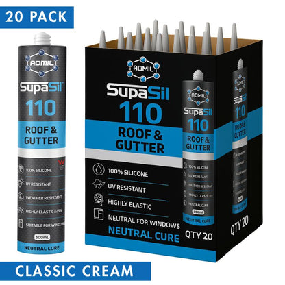 ADMIL SUPASIL 110 - Roof & Gutter 100% Silicone 300g - (Box of 20) - CLASSIC CREAM - South East Clearance Centre