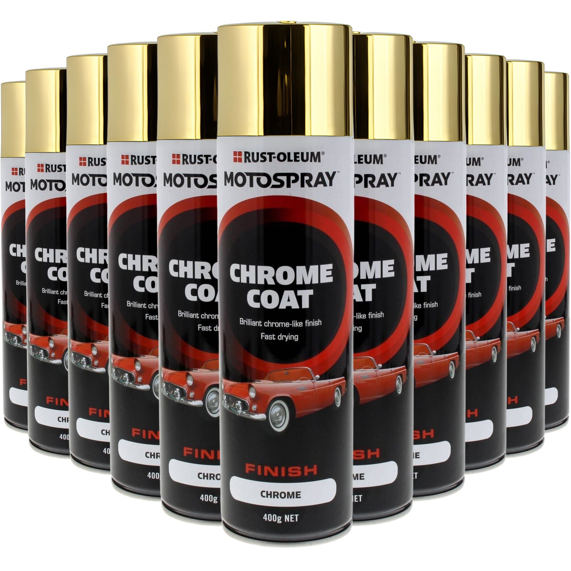 Rust-Oleum Gold Chrome Coat Spray Paint Can 400g Motospray Suitable for Plastics & Metals (12 Cans) - South East Clearance Centre