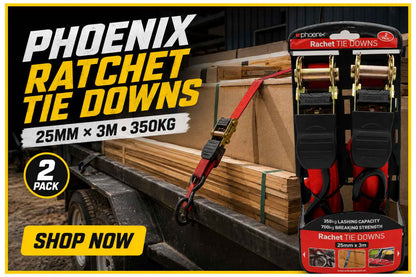 Phoenix Ratchet Tie Down Straps 25mm x 3m – 350kg Lashing Capacity – 2 Pack | 14001
