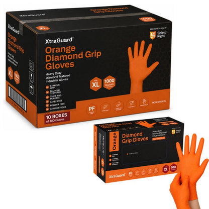 (CARTON OF 1000 GLOVES) - Shield Right XtraGuard Orange Diamond Grip Gloves – Ultra-Tough Heavy-Duty Nitrile Gloves