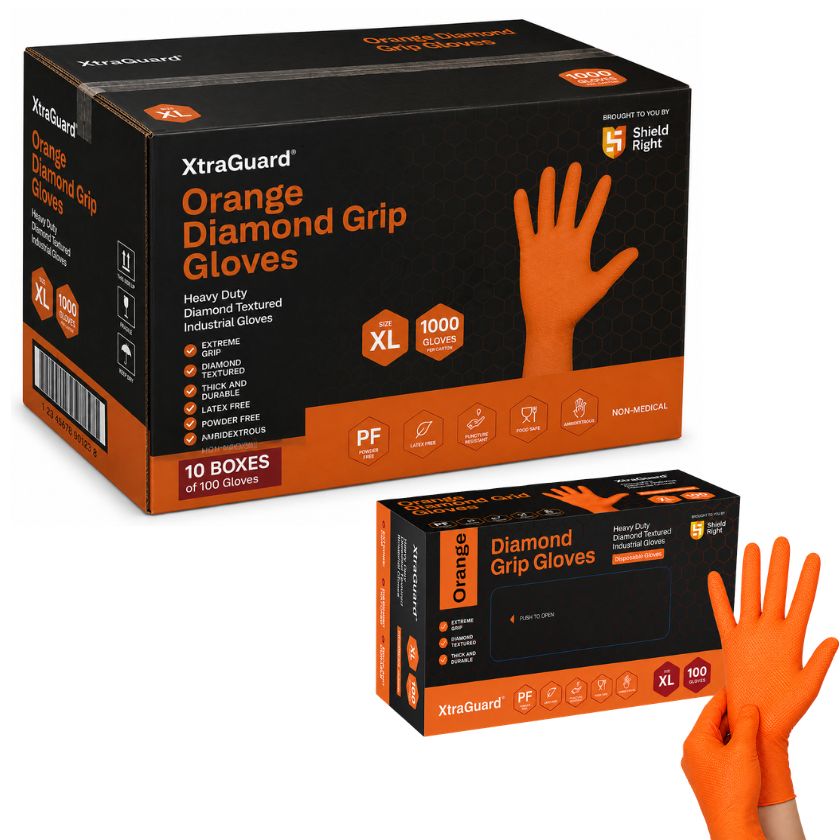 (CARTON OF 1000 GLOVES) - Shield Right XtraGuard Orange Diamond Grip Gloves – Ultra-Tough Heavy-Duty Nitrile Gloves