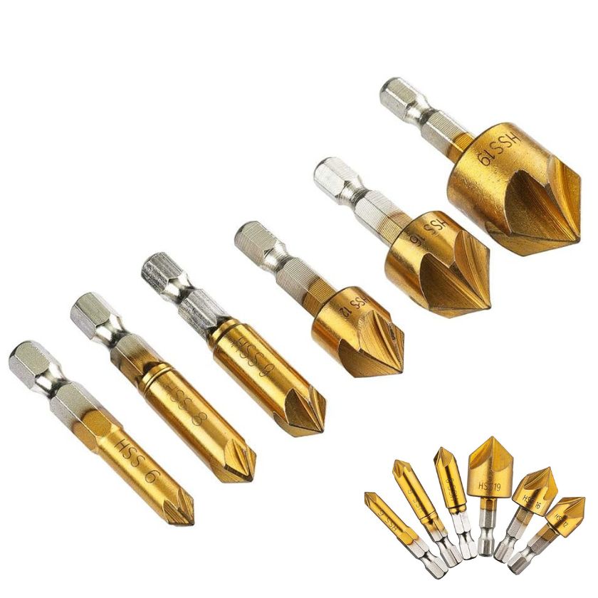 6pcs 6mm-19mm 5 Groove Countersink Bit Set 90 Counter Sink Chamfer Cutter 1/4" Hex Shank