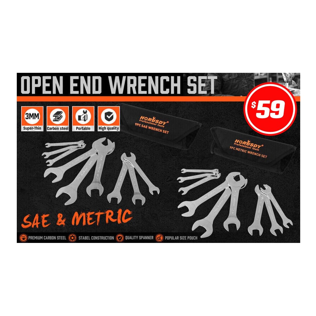 18-Piece Super-Thin Open End Wrench Set with Rolling Pouch, CR-V Steel SAE & Metric, 1/4" to 1-1/16" and 5.5mm to 27mm Slim Spanner Wrench Set - South East Clearance Centre