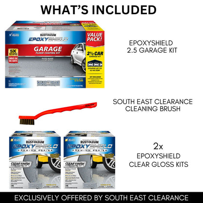 Rust-Oleum Grey Gloss EpoxyShield 2.5 Car Concrete And Garage Floor Coating Kit Anti Slip & Brush Bundle + Twin Pack EPOXYSHIELD® Premium Clear Coating - South East Clearance Centre