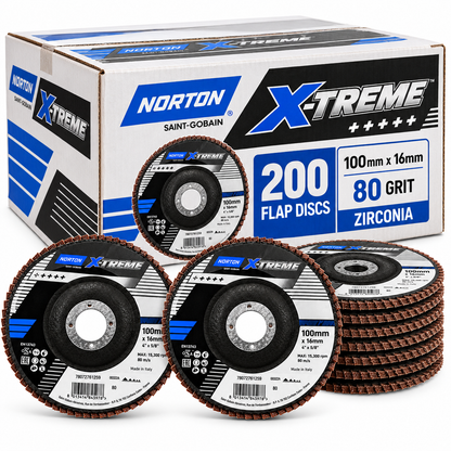 (200 pack 120grit) - Norton X-Treme Zirconia Flap Disc 100mm x 16mm 120 Grit - South East Clearance Centre