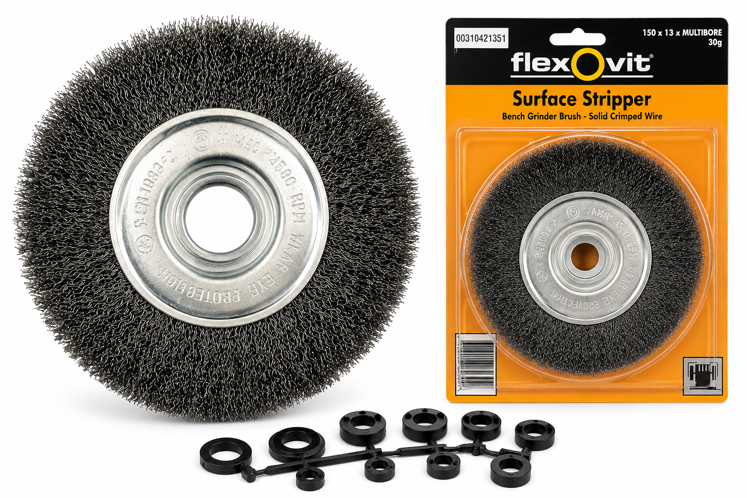 Flexovit Surface Stripper Bench Grinder Brush 150 x 13mm Multi-Bore Solid Crimped Wire