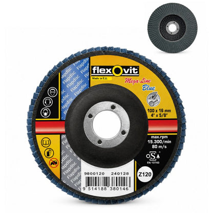 Flexovit Mega-Line Blue Zirconia Flap Disc 100 x 16mm 120 Grit (Very Fine)