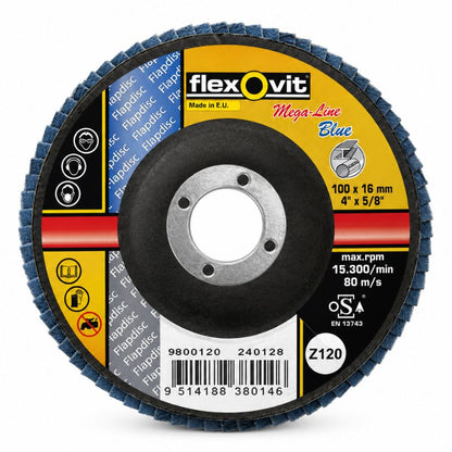 Flexovit Mega-Line Blue Zirconia Flap Disc 100 x 16mm 120 Grit (Very Fine)