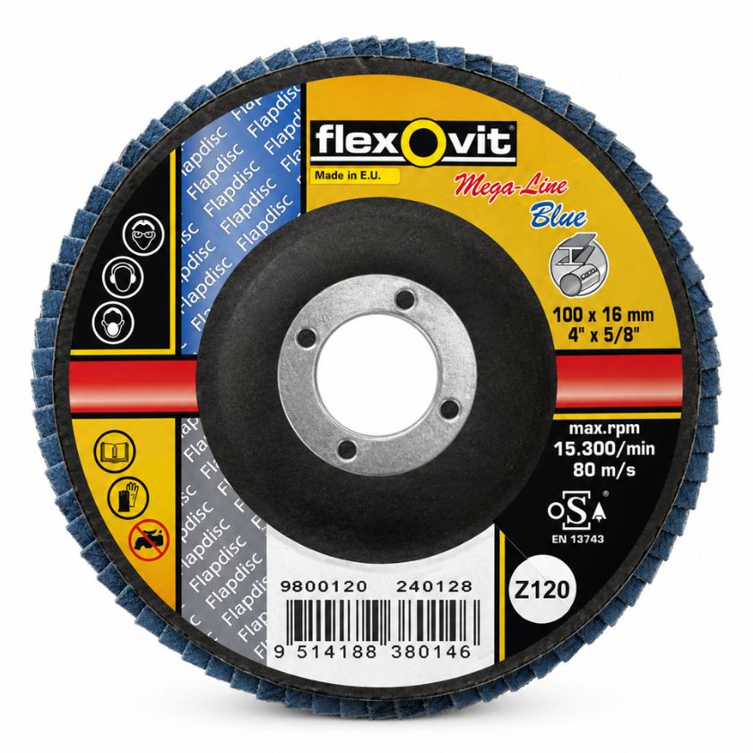 Flexovit Mega-Line Blue Zirconia Flap Disc 100 x 16mm 120 Grit (Very Fine)