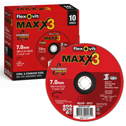 Flexovit MAXX3 180mm (7") Ceramic Grinding Wheel – Type 27 – Steel & Stainless Inox – Pack of 10