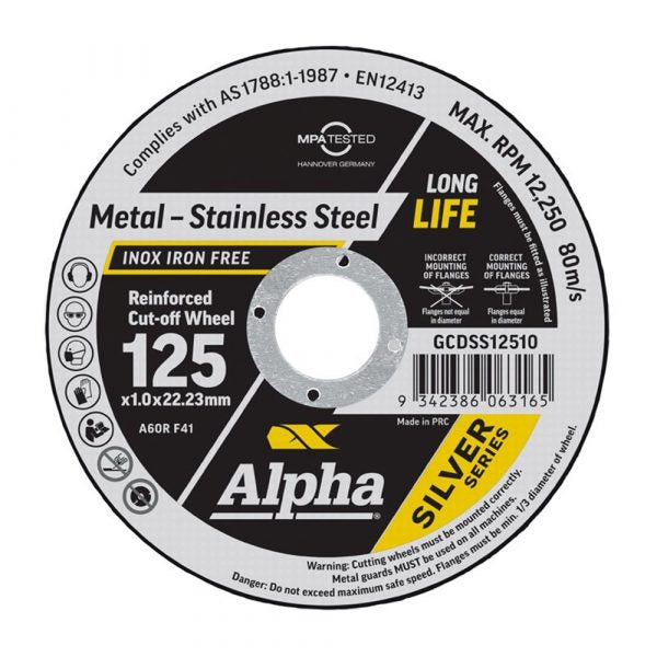 Alpha GCDSS12510-100FK1 Slab Cutting Disc 125mm x 1.0mm Silver Series, 100 Pack of Grinder Discs + Bonus Folding Knife