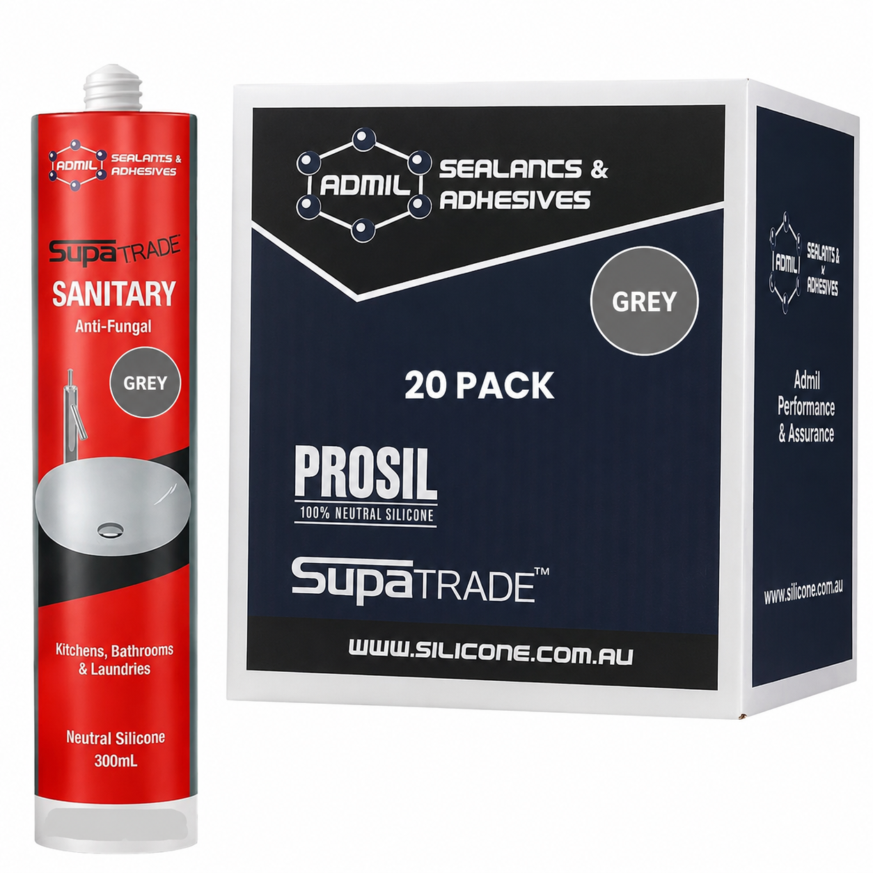 Admil SupaTrade Sanitary Kitchen Bathroom and Laundry Silicone - GREY 300mL (20 Pack)
