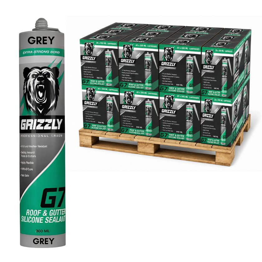 Grizzly Pallet of Roof & Gutter Neutral Silicone | 200 Cartridges - Grey - South East Clearance Centre