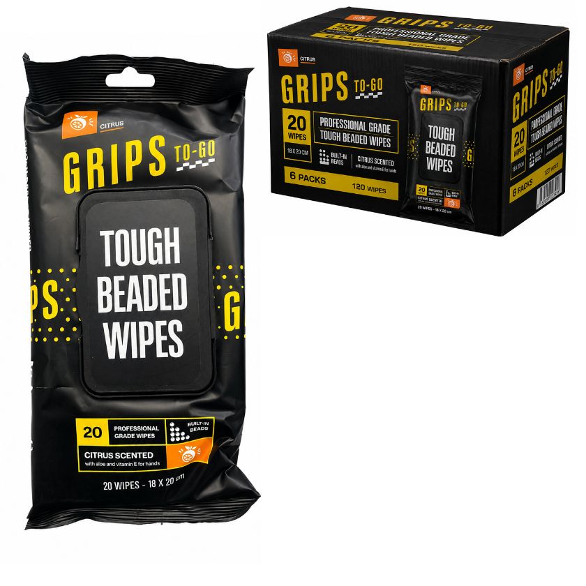 Grips To-Go Tough Beaded Wipes Citrus 18cm x 20cm Pack 20 GR20-85261 - South East Clearance Centre