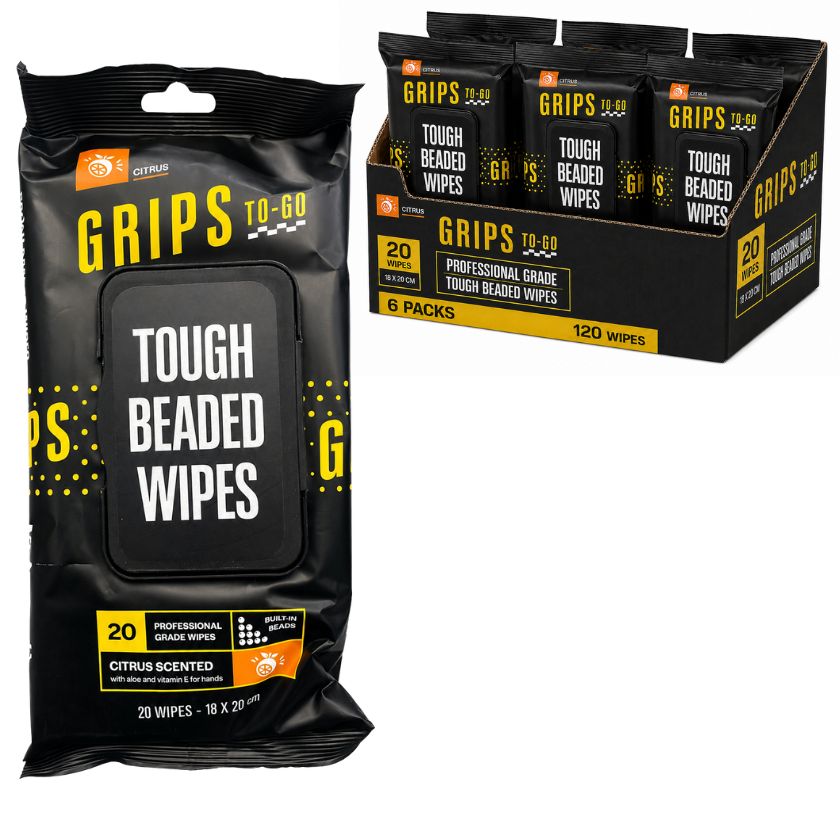 Grips To-Go Tough Beaded Wipes Citrus 18cm x 20cm Pack 20 GR20-85261 - South East Clearance Centre