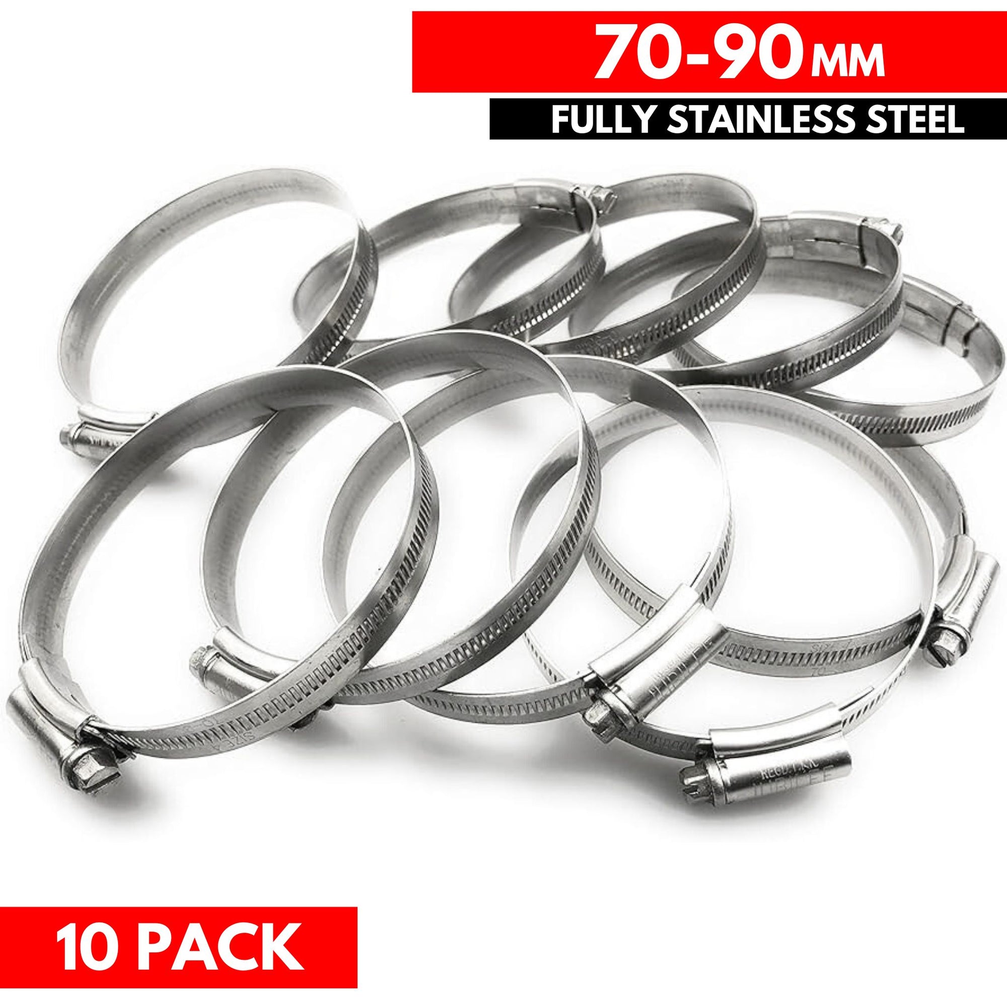 70-90mm - German Type 304 Hose Clamp - Fully Stainless Steel (10 Pieces) - South East Clearance Centre