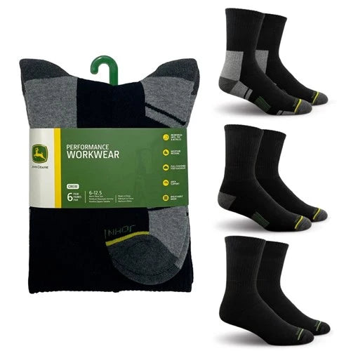 John Deere Black Crew Performance Socks (Shoe Size 6-12.5) - 6 Pack