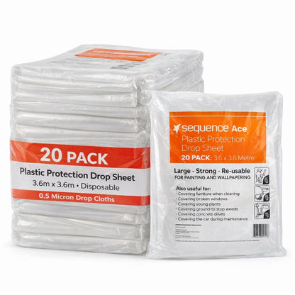 (20 Pack) Plastic Protection Drop Sheet 3.6m x 3.6m – 0.5 Micron Disposable Painting Drop Cloth - South East Clearance Centre