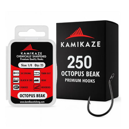 Kamikaze Octopus Beak Fishing Hooks – Size 1/0 | 250 Bulk Pack | Chemically Sharpened Premium Hooks