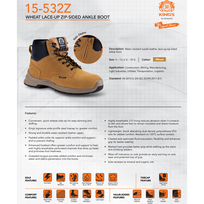 King's Wheat Lace-Up Zip Sided Ankle Safety Boots - South East Clearance Centre