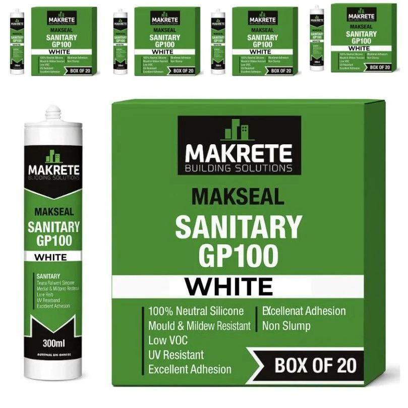 Makrete Makseal Sanitary GP100 Silicone – Premium Mould & Mildew Resistant Kitchen & Bathroom Silicone - WHITE (Box of 80)