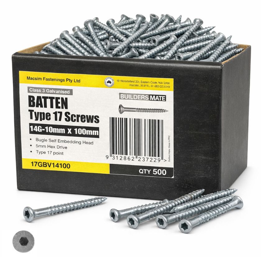 Macsim Batten Type 17 Screws 14G x 100mm – Class 3 Galvanised Hex Drive (Box of 500) - South East Clearance Centre