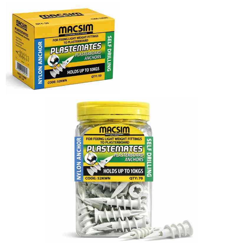 Macsim PlasteMates Self-Drilling Nylon Plasterboard Anchors 10kg — Carton of 3500 Anchors (50 Packs × 70)