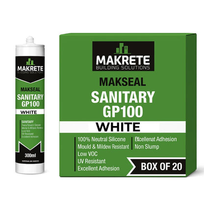 Makrete Makseal Sanitary GP100 Silicone – Premium Mould & Mildew Resistant Kitchen & Bathroom Silicone - WHITE (Box of 80)