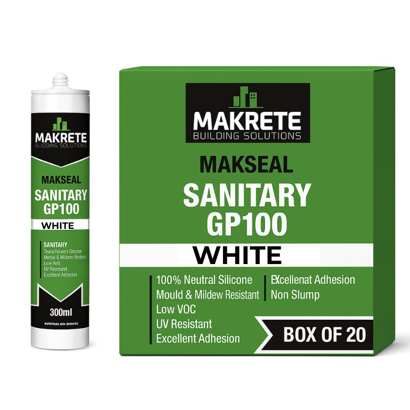 Makrete Makseal Sanitary GP100 Silicone – Premium Mould & Mildew Resistant Kitchen & Bathroom Silicone - WHITE (Box of 80)