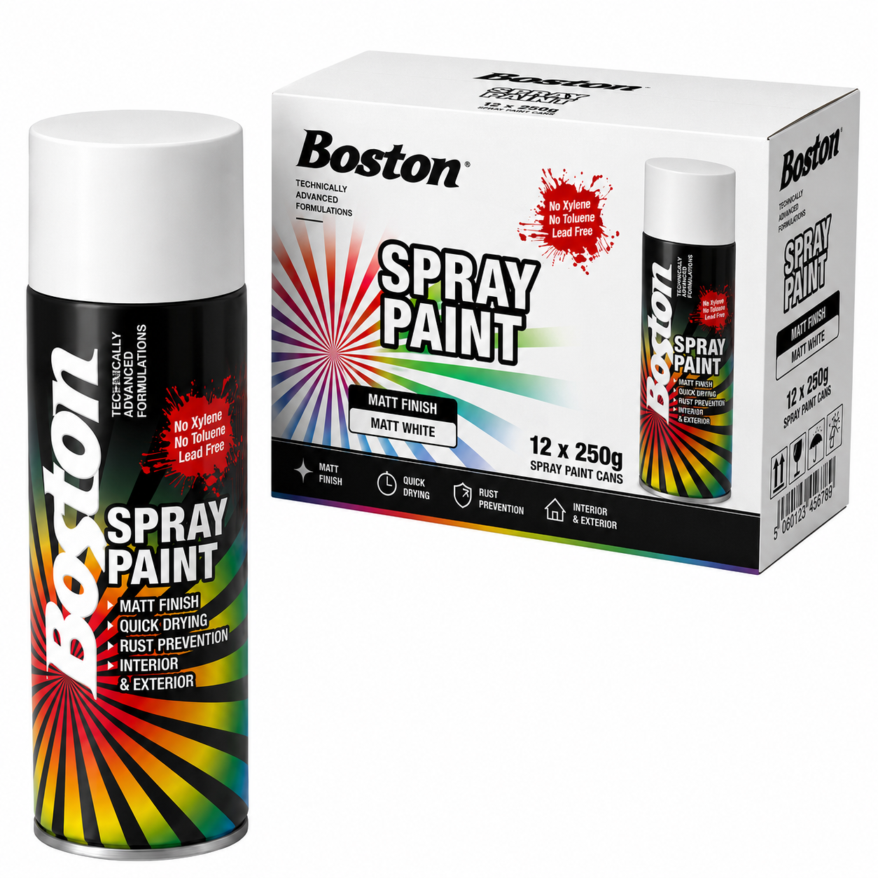 12x Boston Spray Paint Can 250g - Matt White