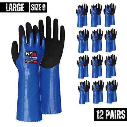 (12 Pairs) 8190-09 NXG CHEM Blue Nitrile, Nylon Abrasion Resistant, Chemical Resistant, Extra Grip Work Gloves, Nitrile Coating - South East Clearance Centre