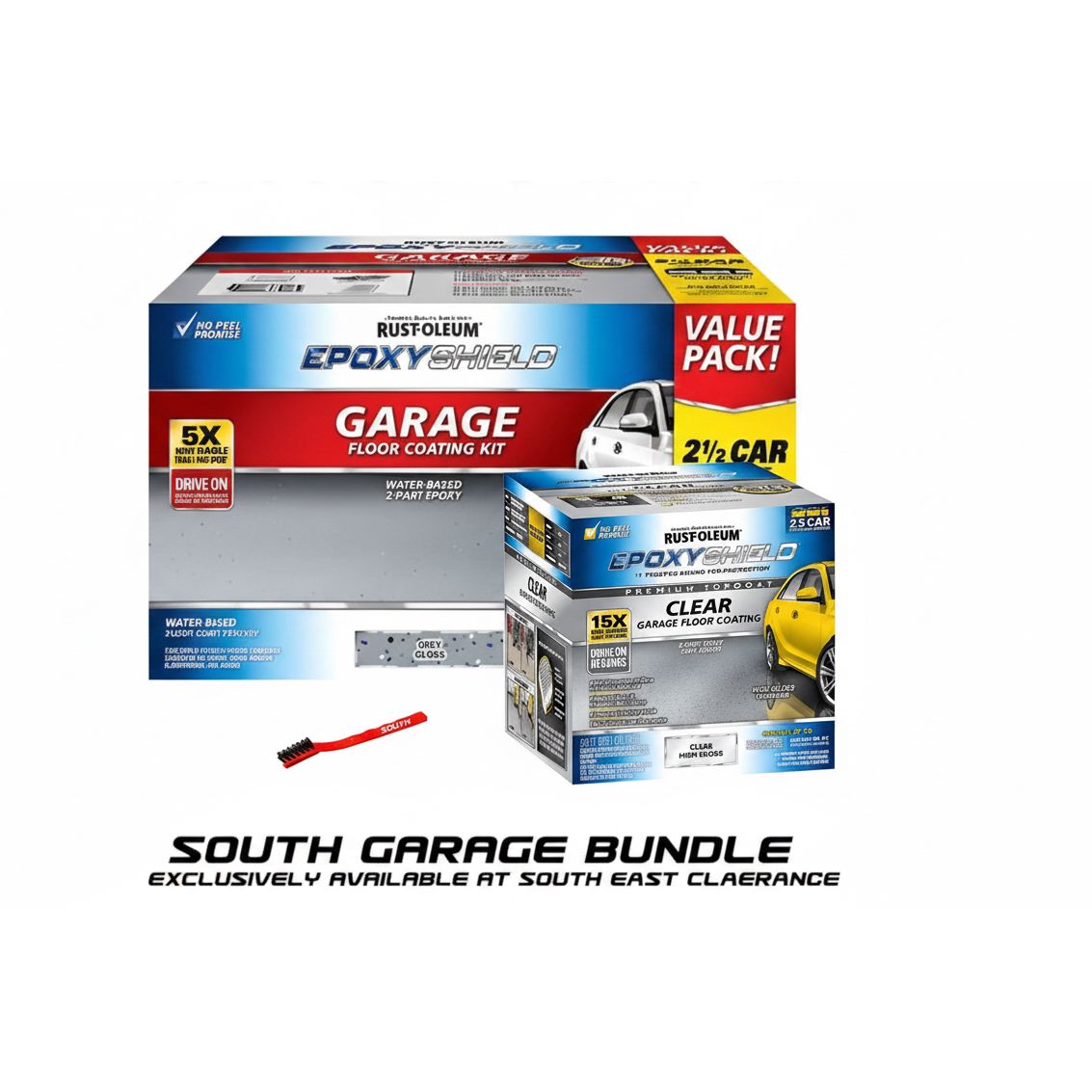 Rust-Oleum Grey Gloss EpoxyShield 2.5 Car Concrete And Garage Floor Coating Kit Anti Slip & Brush Bundle + EPOXYSHIELD® Premium Clear Coating - South East Clearance Centre