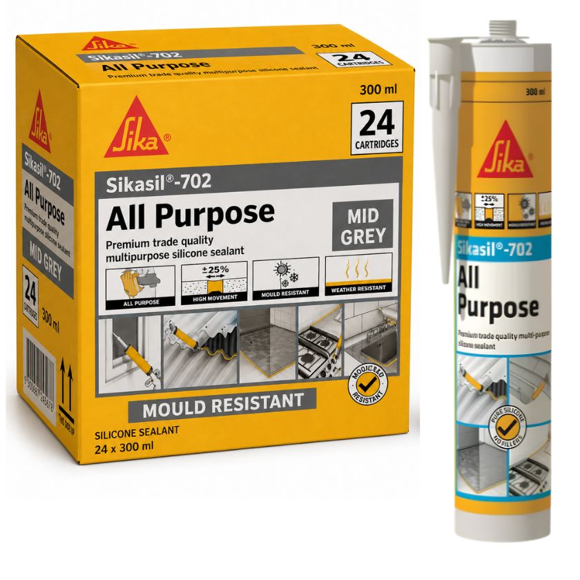 Sika Sikasil 702 Mid Grey 300ml Mould Resistant Silicone - Box of 24 (MID GREY) Exp July 2026