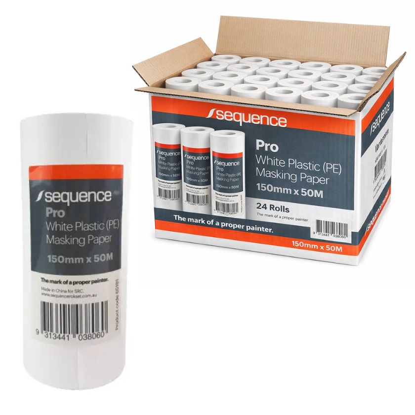 Sequence Pro White Plastic Masking Paper - 150mm x 50 metres (Box of 24) - South East Clearance Centre