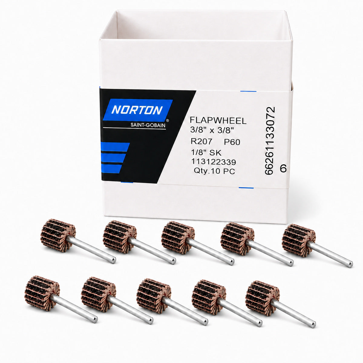 Norton R207 P60 Mounted Flap Wheel 3/8" x 3/8" – 1/8" Shank – (Pack of 10)
