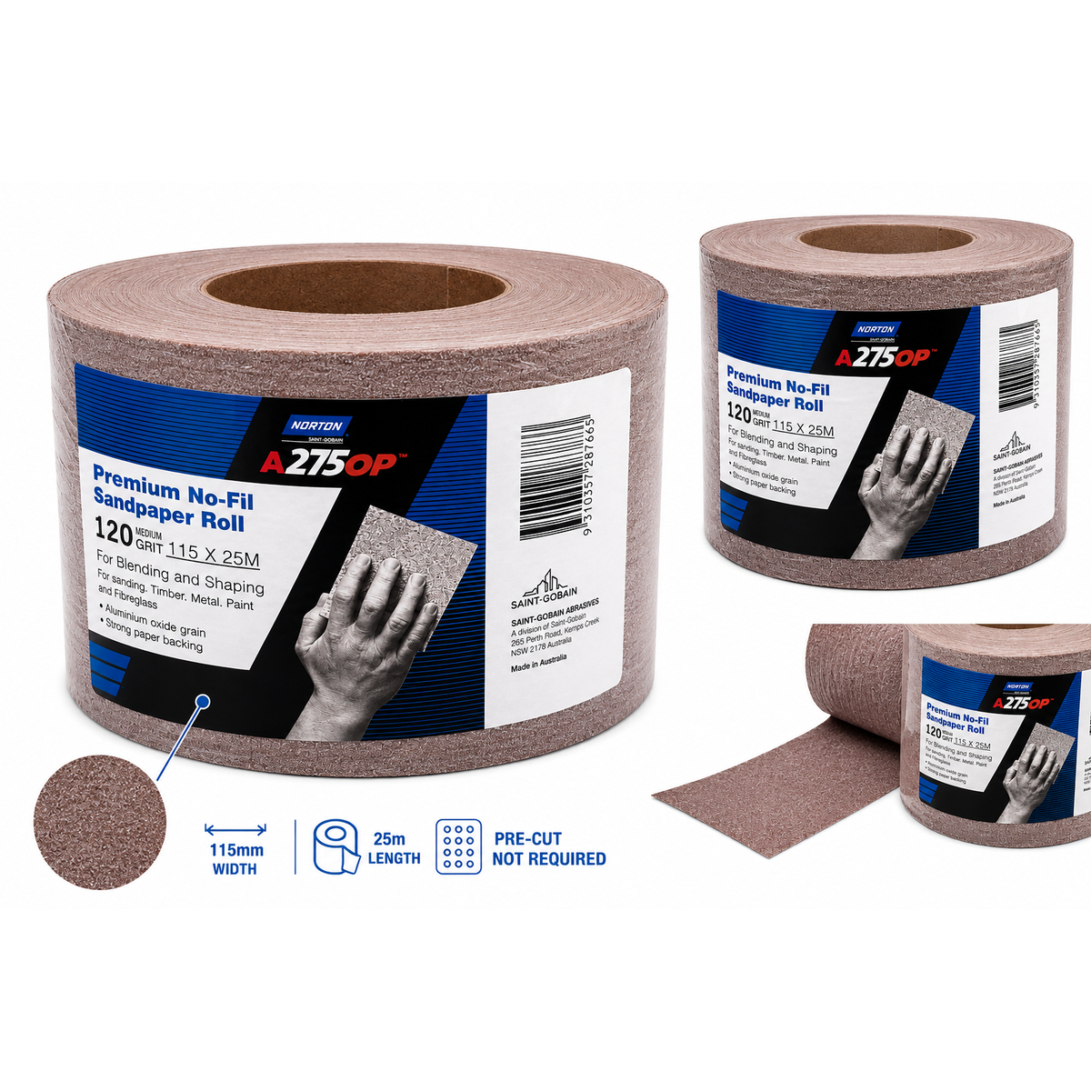 Norton A275OP Premium No-Fil Sandpaper Roll – 120 Grit 115mm x 25m