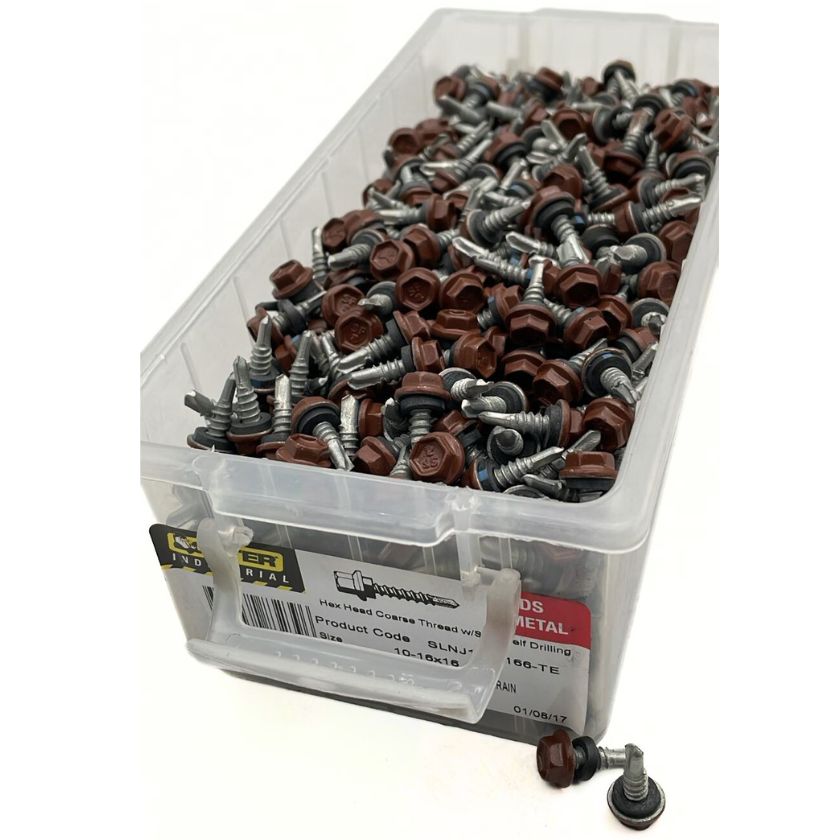 Otter 10-16 x 16mm Hex Head SDS Metal Screws with Seal Coarse Thread, Colorbond Class 4, Tub - 1000 Pack (TERRAIN) - South East Clearance Centre