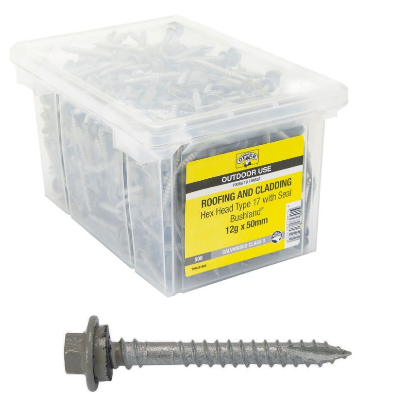 Otter Roofing & Cladding Screws (12g x 50mm) Hex Head Type 17 with Seal, Colorbond Class 3, Fixing to Timber, Bushland (500 Pack)