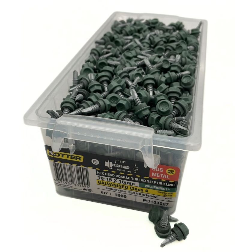 Otter 10-16 x 16mm Hex Head SDS Metal Screws with Seal Coarse Thread, Colorbond Class 4, Tub - 1000 Pack (WILDERNESS) - South East Clearance Centre
