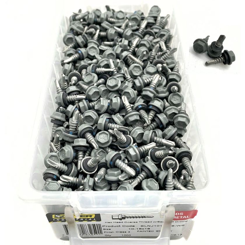 Otter 10-16 x 16mm Hex Head SDS Metal Screws with Seal Coarse Thread, Colorbond Class 4, Tub - 1000 Pack (WINDSPRAY) - South East Clearance Centre