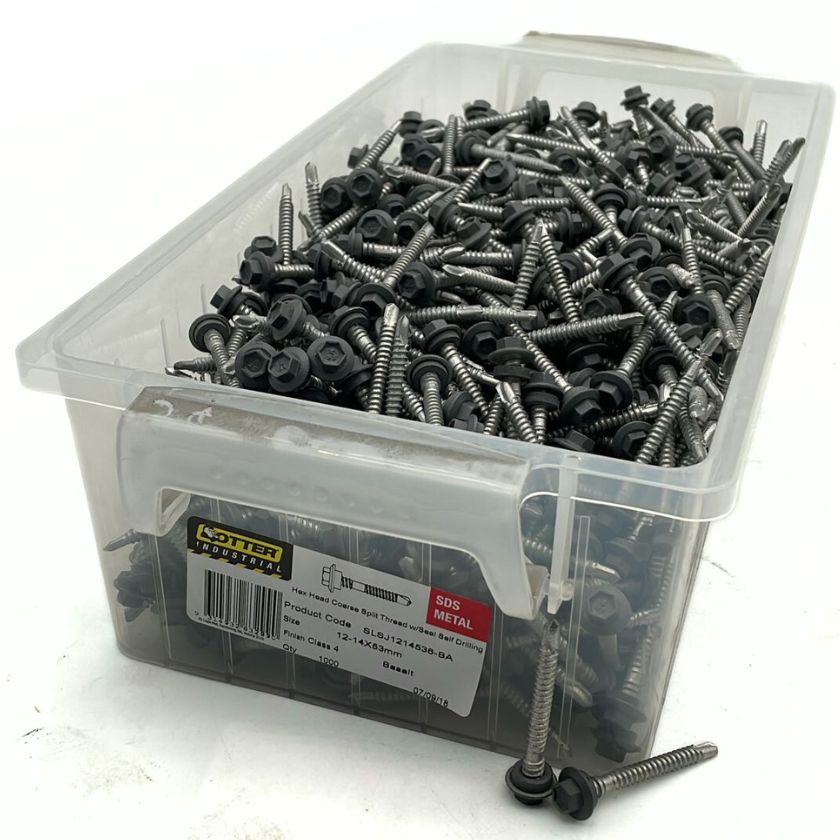 Otter 12-14 x 53mm Hex Head Coarse Split Thread with Seal (Self Drilling) SDS Metal Screws | Basalt | Class 4 | 1000 Pack - South East Clearance Centre