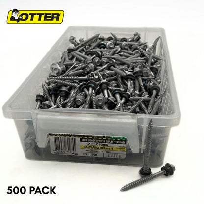 Otter 12-11 x 65mm Hex Head Type 17 Split Thread Timber Screws – Galvanised Class 4 (500 Pack)