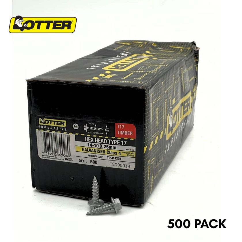 Otter 14-10 x 25mm Hex Head Type 17 Timber Screws – Galvanised Class 4 (500 Pack)