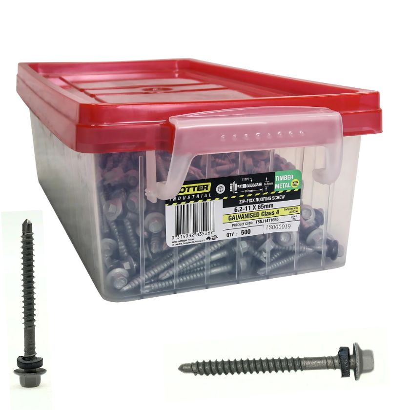 Otter Zip Fixx Roofing Screws, Colorbond Class 4, Timber & Metal, 6.2-11 x 65mm (Tub 500 Pack) SUFRMIST - South East Clearance Centre