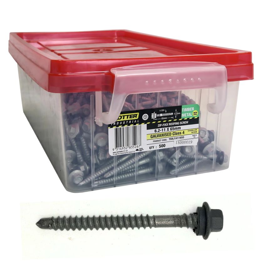 Otter Zip Fixx Roofing Screws, Colorbond Class 4, Timber & Metal, 6.2-11 x 65mm (Tub 500 Pack) - Basalt - South East Clearance Centre
