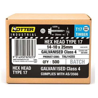 Otter Type 17 Hex Head Timber Screws 14-10 x 25mm | Galvanised Class 4 – 500 Pack - South East Clearance Centre
