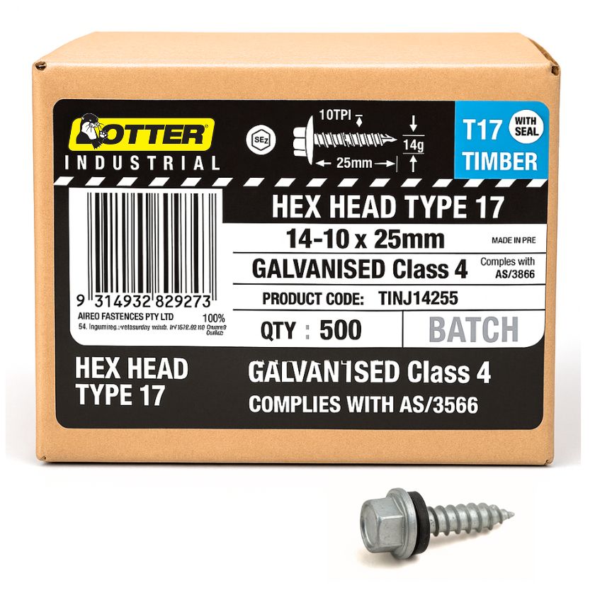 Otter Type 17 Hex Head Timber Screws 14-10 x 25mm | Galvanised Class 4 – 500 Pack