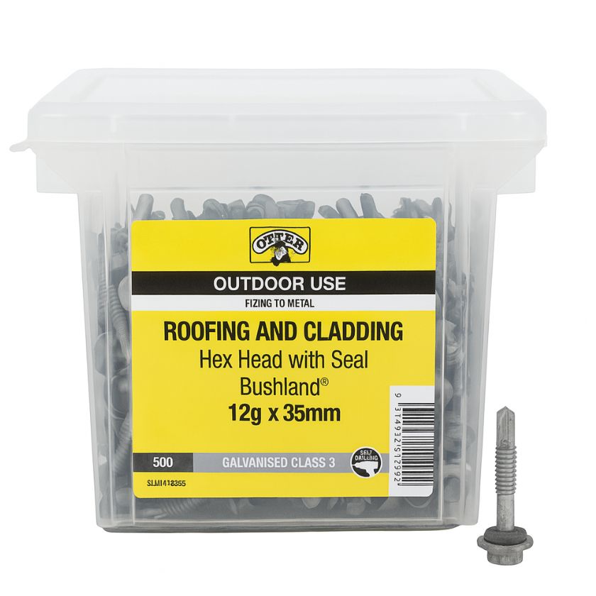 Otter Roofing & Cladding Screws Hex Head with Seal Bushland® 12g x 35mm (500 Pack) | Galvanised Class 3 | Outdoor Use