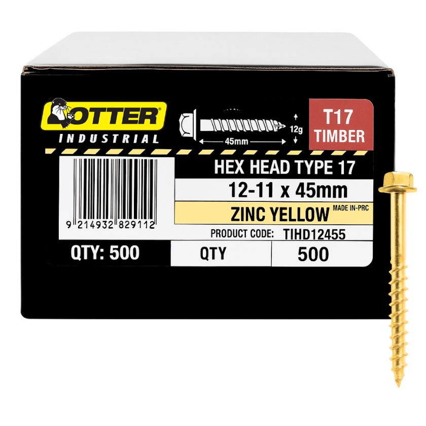 Otter Type 17 Hex Head Timber Screws 12-11 x 45mm Zinc Yellow – 500 Pack